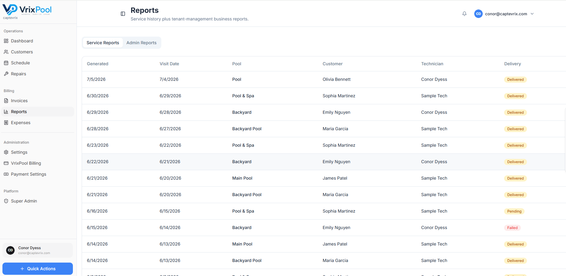 VrixPool Service Reports list of completed visits.