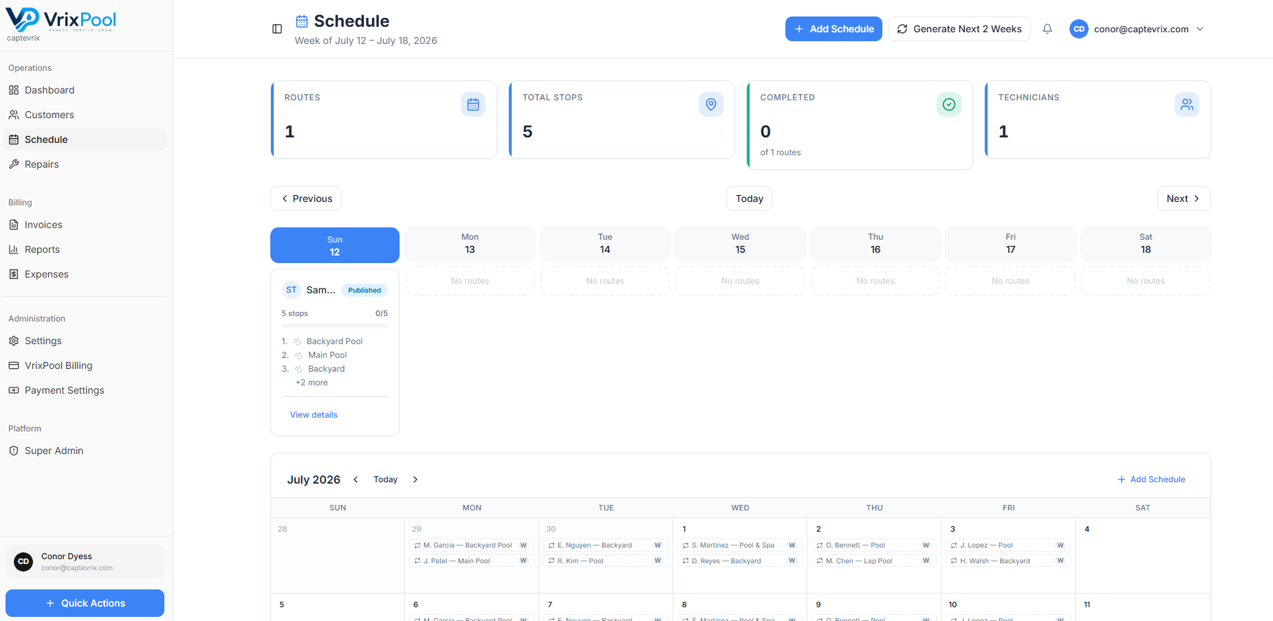 VrixPool Schedule screen with recurring stops and technician assignments.
