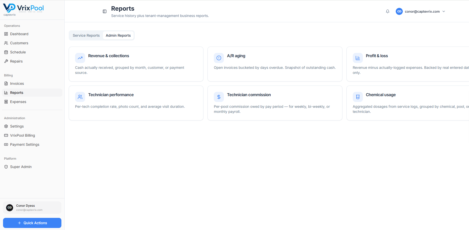 VrixPool Admin Reports screen with operational and financial reporting.