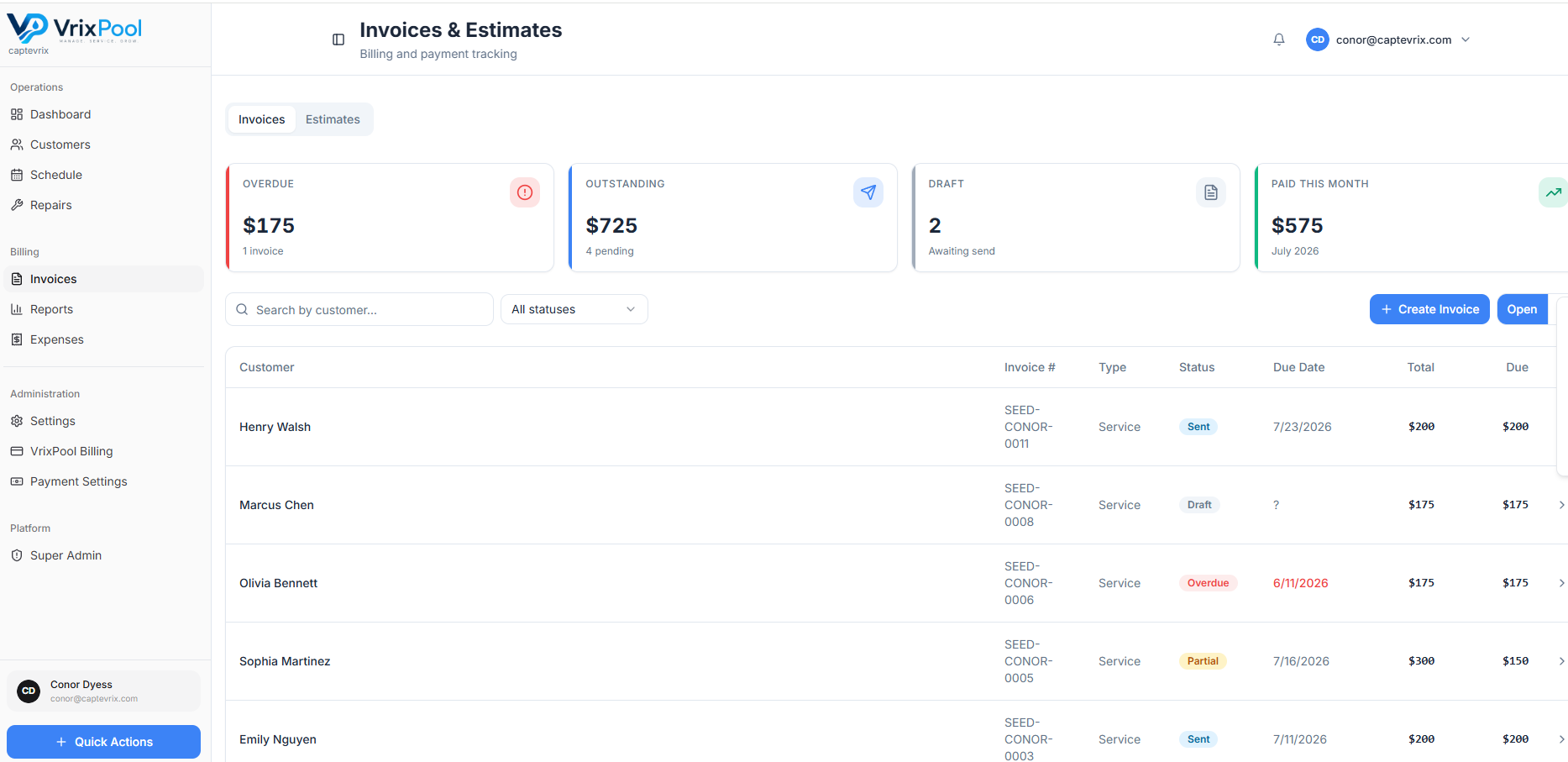 VrixPool Invoices and Estimates screen.